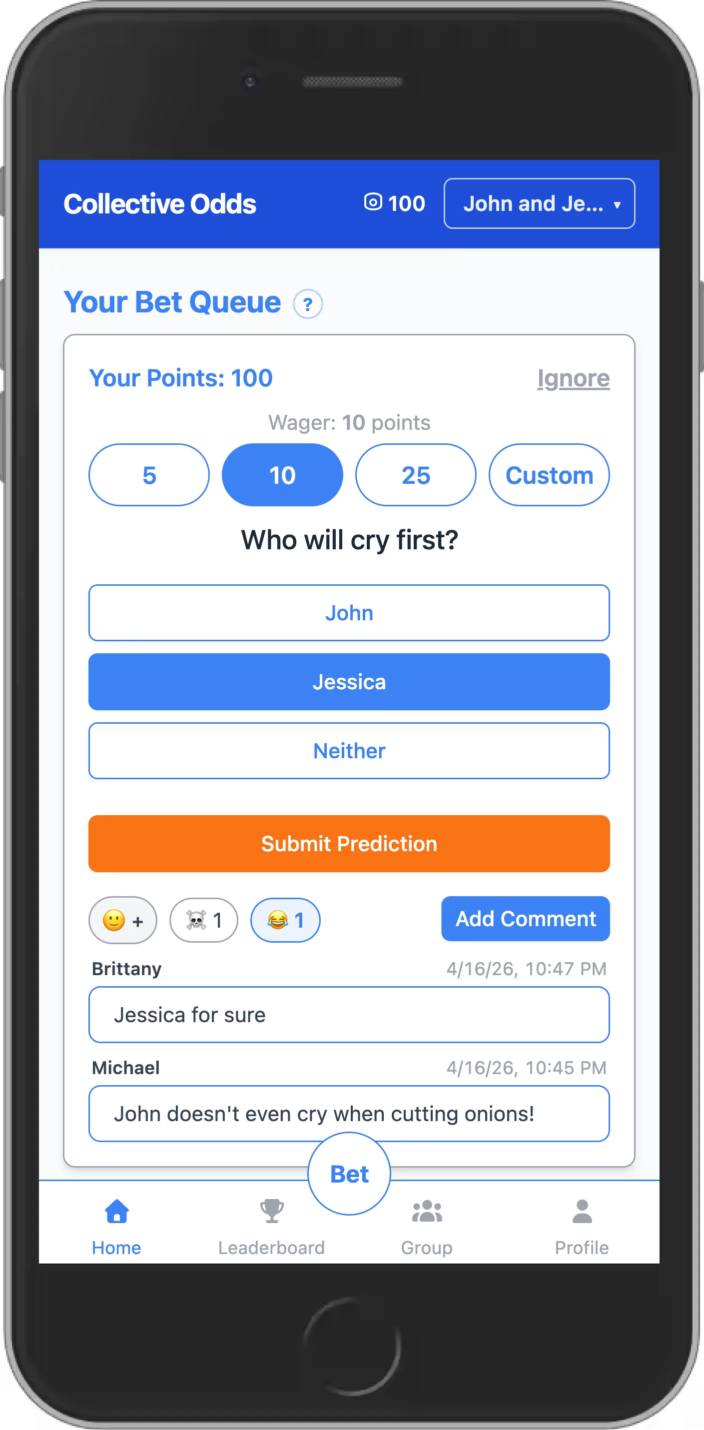 Mobile screenshot showing a bet being answered in Collective Odds