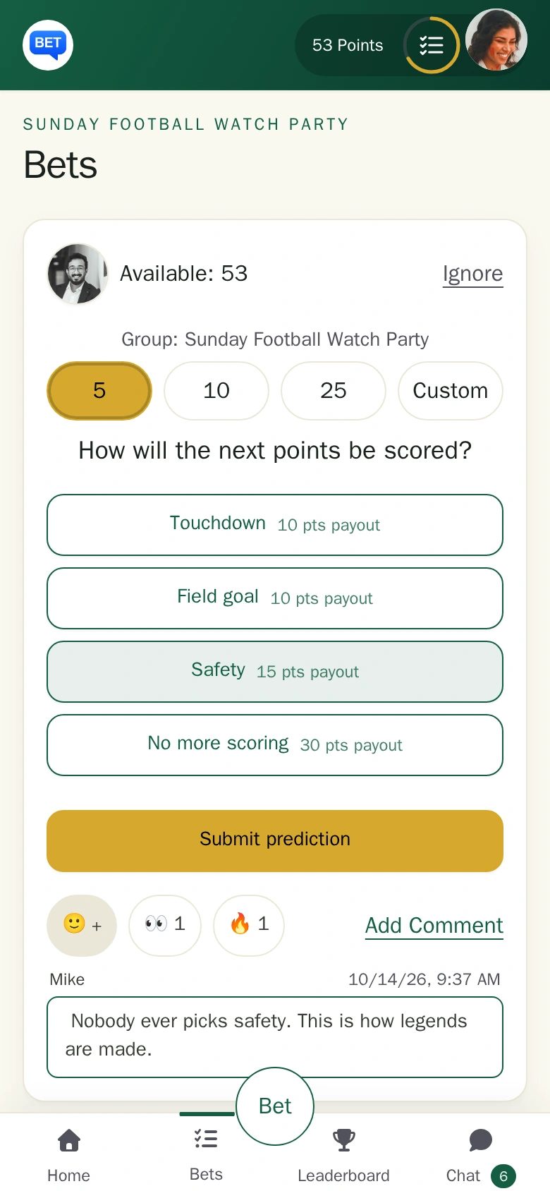 Collective Odds Bets with fictional group predictions
