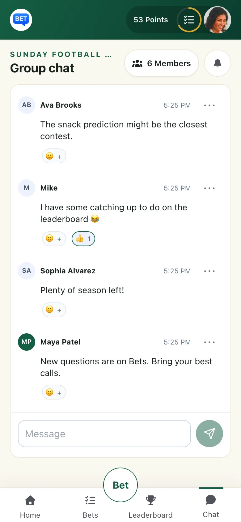 Collective Odds group chat with fictional member conversations