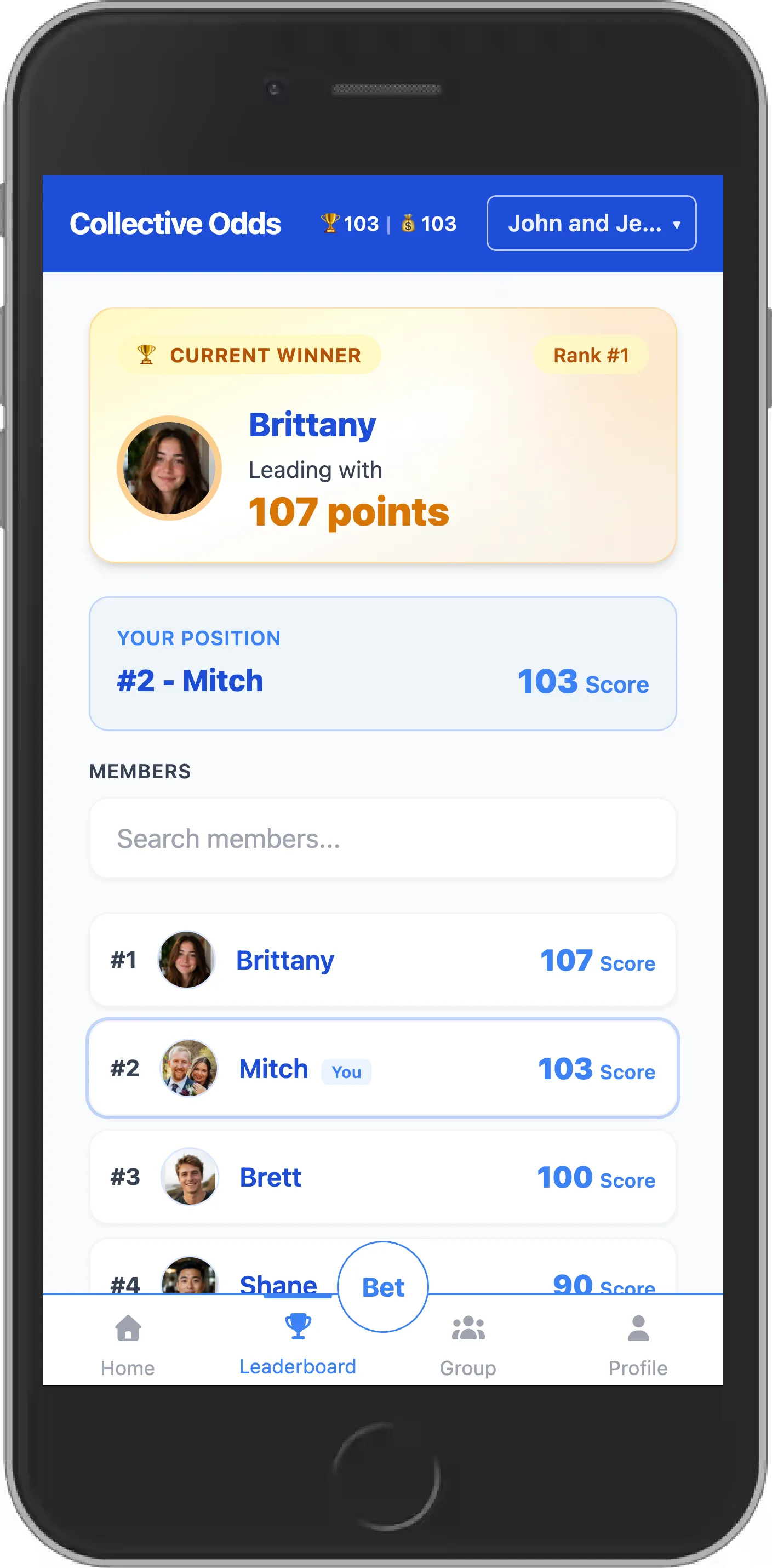 Mobile screenshot showing the Collective Odds leaderboard