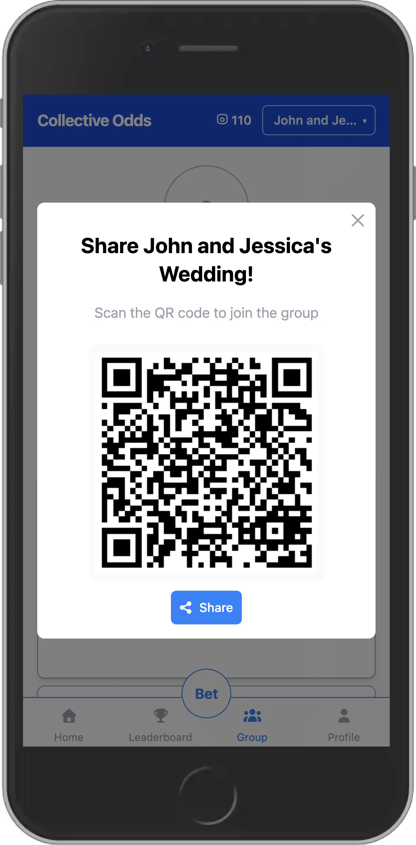 Mobile screenshot showing group sharing in Collective Odds